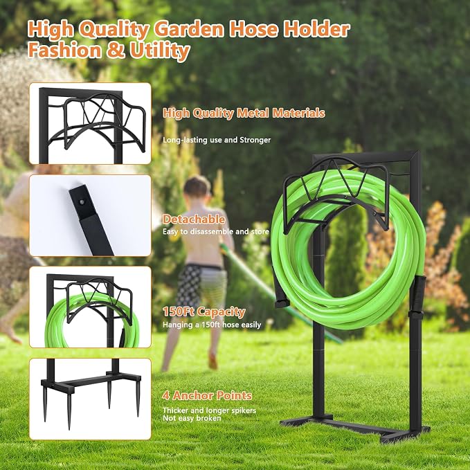 Freestanding Outdoor Garden Hose Holder, Heavy Duty Metal Storage Stand with 4 Spikes, Space Saving Organizer for Patio, Lawn, Backyard, Holds up to 150ft Hose, Black