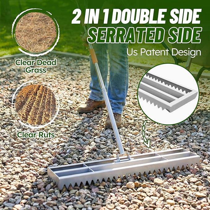 Lawn Leveling Rake 2.0, 2-in-1 Double-Sided Landscape Leveler with 20 Marking Flags for Low Spot, Heavy Duty Stainless Steel Flat & Serrated Side for Soil Sand Gravel, Yard Garden Golf Course 30"×10"