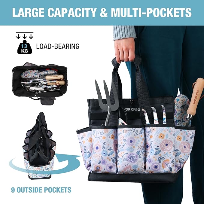 WORKPRO Garden Tool Bag, 9 Pockets Gardening Bag, Heavy Duty Oxford Garden Tote Caddy (Tools NOT Included), 12" x 12" x 6" (Floral White)