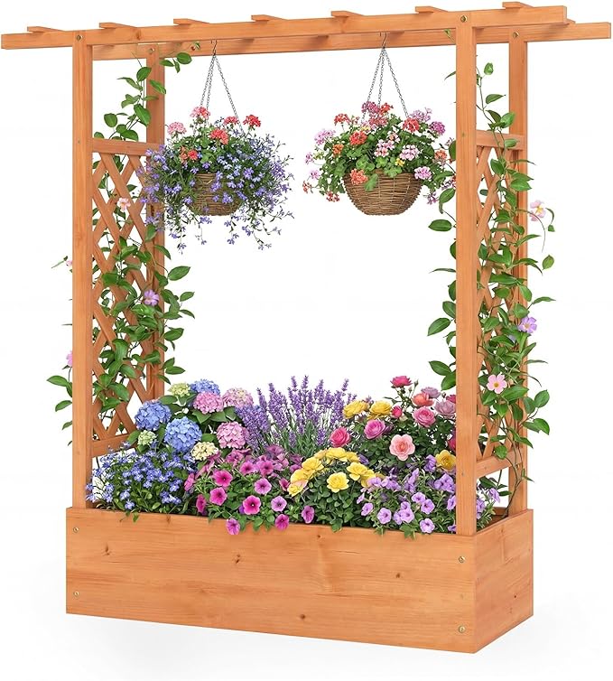 BECOMFORT Raised Garden Bed with Trellis & Hanging Roof, 45" Tall Fir Wood Planter Box with Drainage Holes, Outdoor Elevated Garden Planter for Climbing Vines, Perfect for Patio, Lawn & Backyard