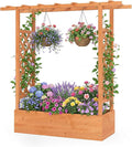 BECOMFORT Raised Garden Bed with Trellis & Hanging Roof, 45" Tall Fir Wood Planter Box with Drainage Holes, Outdoor Elevated Garden Planter for Climbing Vines, Perfect for Patio, Lawn & Backyard