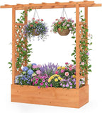 BECOMFORT Raised Garden Bed with Trellis & Hanging Roof, 45" Tall Fir Wood Planter Box with Drainage Holes, Outdoor Elevated Garden Planter for Climbing Vines, Perfect for Patio, Lawn & Backyard
