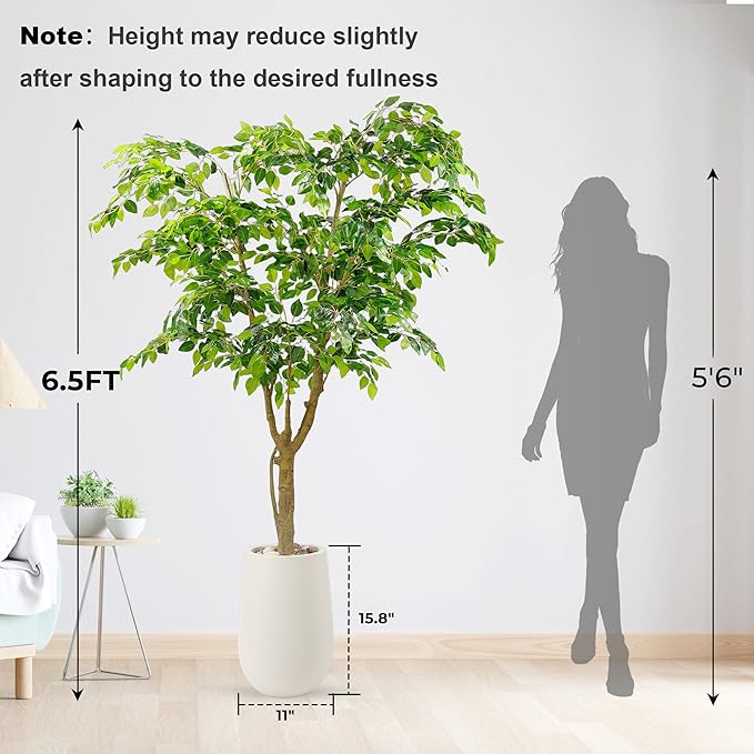 6.5FT Artificial Ficus Tree with White Planter and Pebbles,Faux Silk Tree with Lifelike Leaves and Realistic Trunk,Tall Fake Potted Plant for Home and Office Décor Indoor and Outdoor (6.5FT)