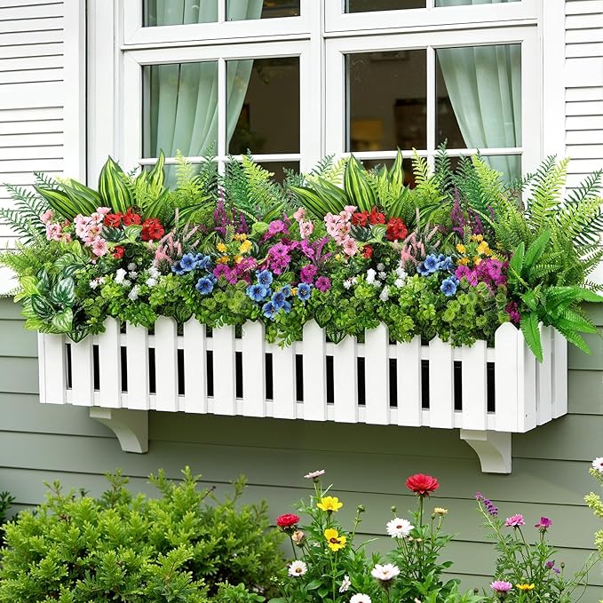 Alupssuc 24Pcs Artificial Flowers and Plants,UV Resistant & No Fade Fake Plastic Greenery Shrubs for Home Garden, Pathway, Front Porch-Spring Summer Decor, Indoor/Outdoor Use,Red Purple Pink Blue