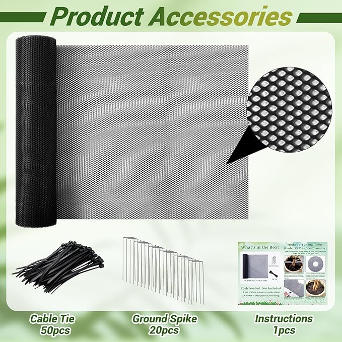 Plant Pot Grid Set, 15.7" W x 118" L Indoor Plant Protector from Cats, Pot Soil Cover Protector from Animals with Stakes & Zip Ties for Garden Balcony, Fits Different Pot Sizes(Black)