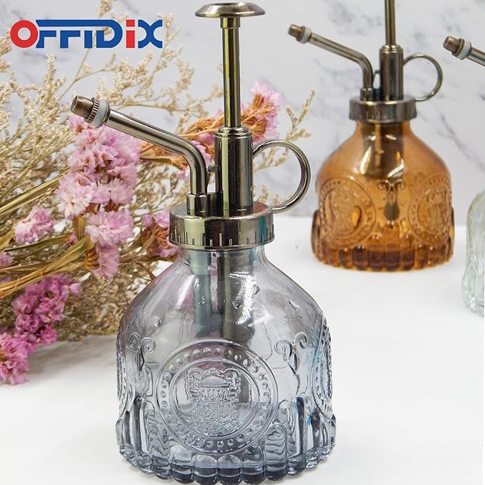 OFFIDIX Plant Mister, 6.3 Inches Tall Vintage Style Spritzer Plastic Top Pump Small Watering Can Glass Spary Bottle Plant Mister,for House Plants, Garden, Home Decora (Gray)
