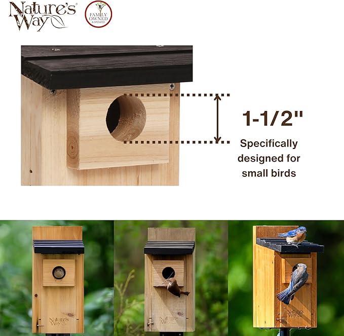 Nature’s Way Cedar Bluebird House for Outdoor Nesting, Predator Guard, Ventilated Design & Easy Access Clean-Out Panel, Natural Wood