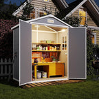 Aoxun 6x4 FT Outdoor Storage Shed with Built-in Magnetic Suction Light, Plastic Garden Resin Shed with Floor, Outdoor Storage with Lockable Door for Bike, Tools, Garbage Can, Grey