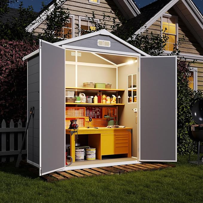 Aoxun 6x4 FT Outdoor Storage Shed with Built-in Magnetic Suction Light, Plastic Garden Resin Shed with Floor, Outdoor Storage with Lockable Door for Bike, Tools, Garbage Can, Grey