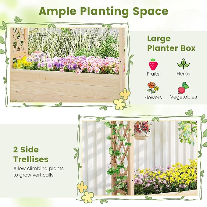 Giantex Raised Garden Bed with Sided Trellis & Hanging Roof, Wood Planter Box, Freestanding Garden Planter Raised Bed for Flowers Herbs Climbing Vines 45”x16”x41” (L x W x H)
