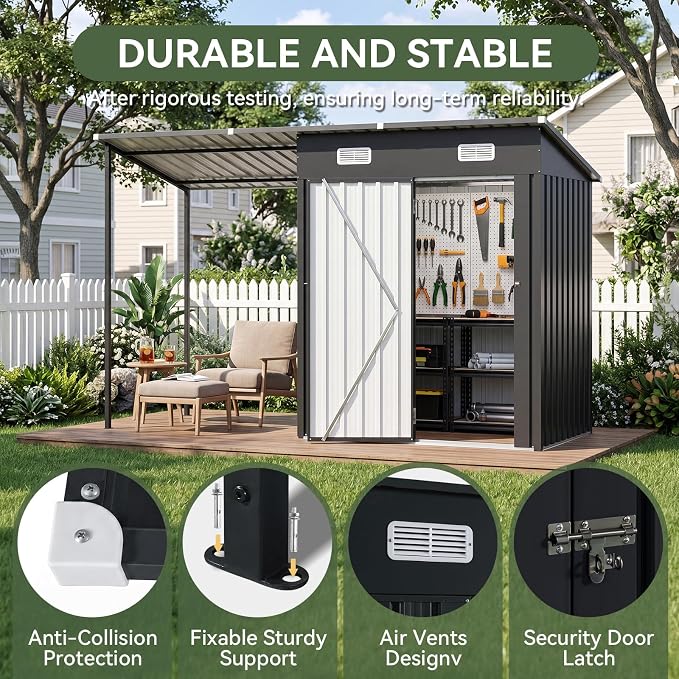 Aoxun 5x3FT Outdoor Storage Shed & Hardtop Canopy Gazebo Combo | 10x3FT Metal Lean to Shed, 2-in-1 Garden Bike Shed for Patio, Backyard, Deck, Black