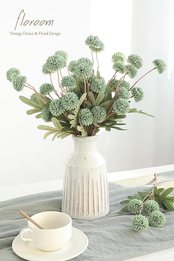 Floroom 5pcs Sage Green Faux Silk Mums Artificial Flowers, Bulk Fake Small Mini Chrysanthemums with Stems for DIY Wedding Centerpieces Floral Arrangements Vase Fillers Home Decorations