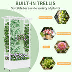 Raised Garden Bed with Trellis & Hanging Roof, Weatherproof Metal Planter Box with Wheels, Garden Arch Trellis for Outdoor Climbing Plants Vines Flowers, 74" H x 44" L x 17" W, White