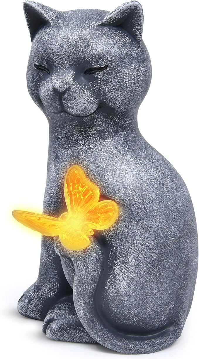 Gift Boutique Cat Outdoor Statues with Solar Butterfly Light Cute Garden Figurine for Yard Patio Lawn Pathway Decor Waterproof Resin Cat Sculpture