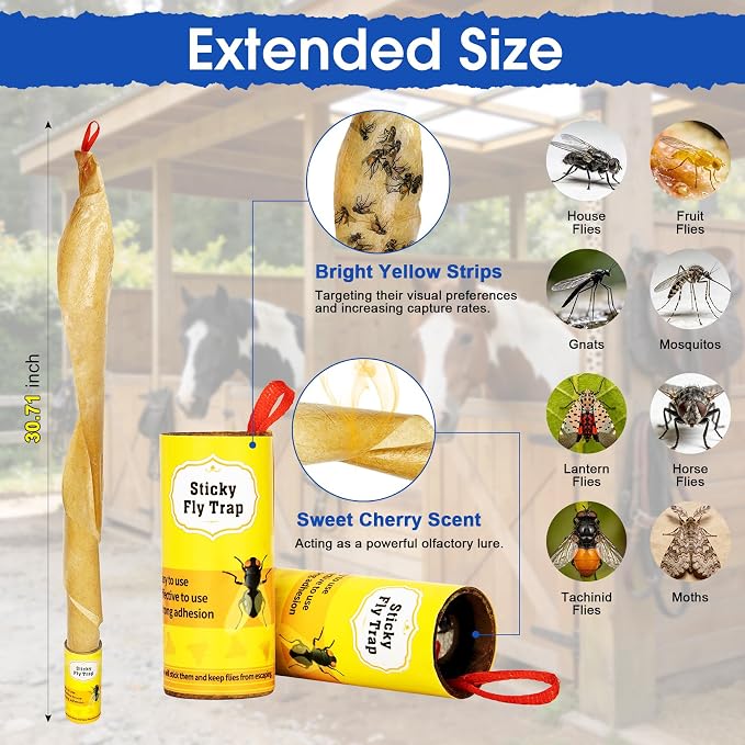 40 Pack Fly Strips Sticky Hanging with Pins, Indoor Outdoor Fly Trap Paper Tape Ribbon Roll, Fruit Fly Gnat Fungus Bug Catcher, Household Winged Insect Mosquito Killer for Home Kitchen