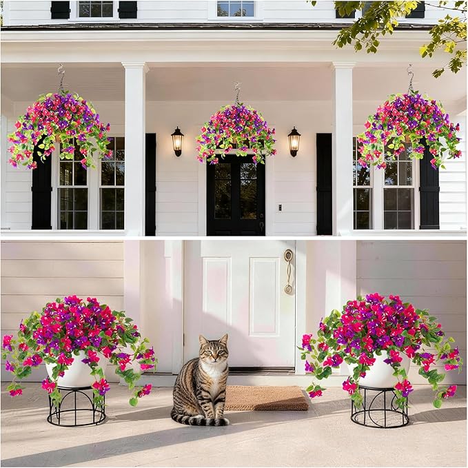 Homsunny Artificial Fake Flowers Plants for Outdoor Summer Decoration, 2 Pcs Faux Silk Flower Bougainvillea Vines Look Real UV Resistant for Home Porch Patio Balcony Yard Spring Decor(Mix Purple)