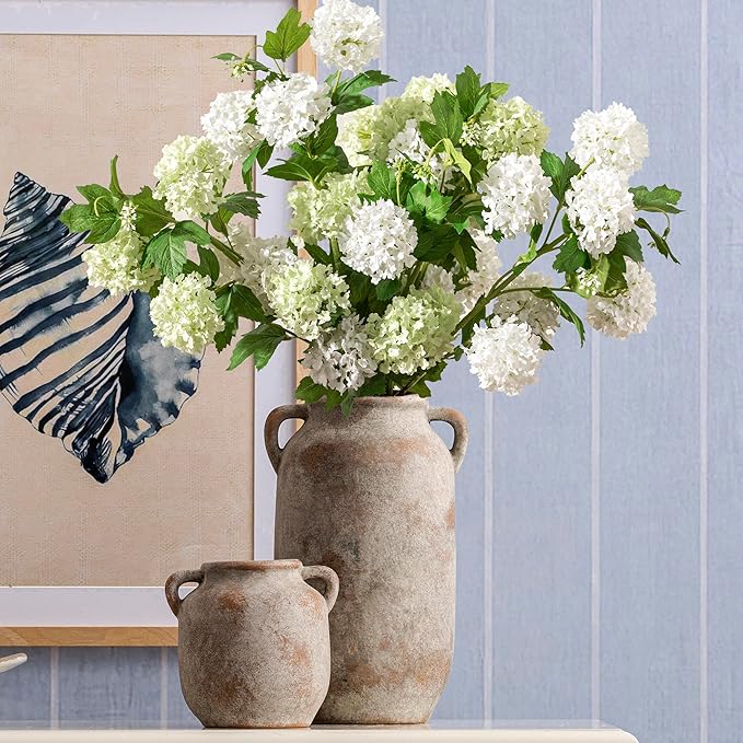 Ceramic Flower Vase Home Decor - 6 Inch Farmhouse Rustic Table Vases with Handle Living Room Decoration Decorative Vintage Pottery for Kitchen Shelf Coffee Dining Bookshelf Fireplace Centerpiece