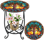 Outdoor Side Table Round Small Mosaic Patio Accent Indoor End Plant Coffee Tea Table for Yard Patio Porch Garden Living Room, Bedroom(Tree Style,14 Inch)