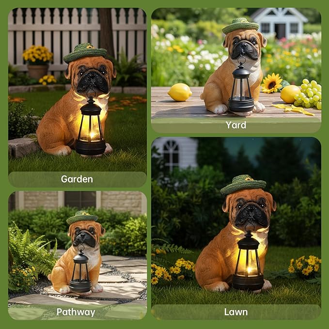 Solar Dog Outdoor Garden Statue with Lantern, French Bulldog Figurine with LED Lights, Lawn Decor for Patio, Yard Ornament, Unique Mother's Day Birthday Gift for Women Mom Gardener
