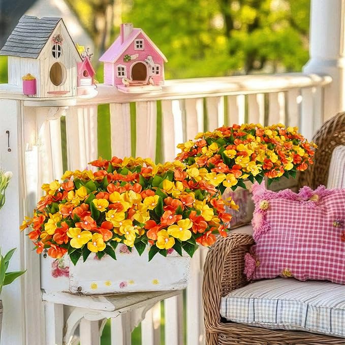 CITYES 4 Pcs Artificial Flowers Outdoor Impatiens UV Resistant Fake Silk Fall Flowers Orange Yellow Faux Flowers Impatiens Bushes for Outdoor Planter Pot Hanging Basket Porch Autumn Fall Decor