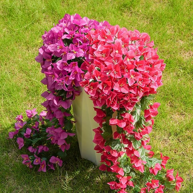 ATTGREAT Artificial Bougainvillea for Outdoors Faux Plants UV Resistant Flowers Fake Plastic Plants Realistic Silk Flowers for Porch Planter Garden Hanging Decoration, 2Pcs(Purple Red & Rose Red)