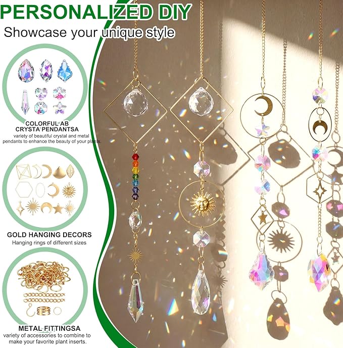 Rivvlive DIY Crystal Suncatcher Kit 400 Pcs Sun Catchers Making Supplies Kit with 3 Size Tall Trellis for Potted Plants Indoor Plant Stake Suncatcher Decoration for Indoor Windows Office Home Decor