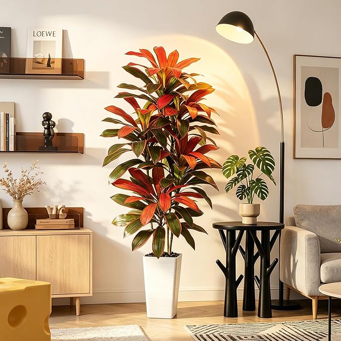 Artificial Red Dracaena Tree - 6FT Tall Fake Plants with White Tall Planter - Artificial Plants Indoor Floor Plant in Pot - Large Tropical Fake Yucca Potted Tree for Home Office Living Room Decor
