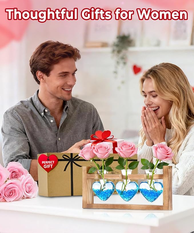 Nacome Plant Terrarium Propagation Stations: Mothers Day Gifts for Mom Plant Lovers Women Wife Daughter - 3 Bulb Glass Vase with Wooden Stand Tabletop for Hydroponics Home Garden Wall Decor
