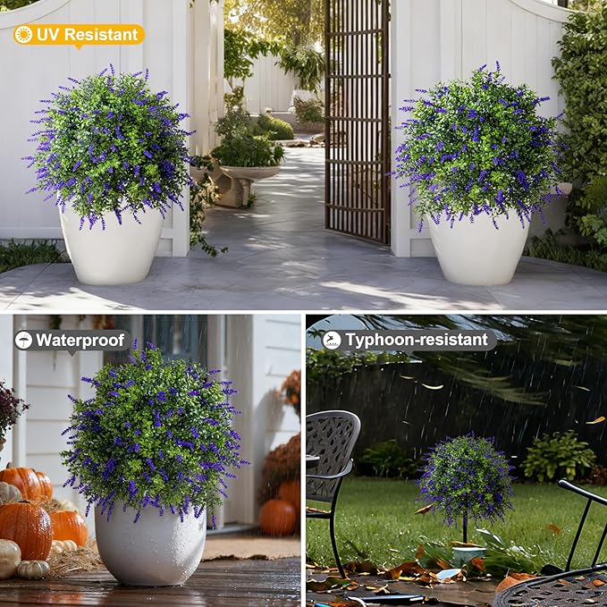 Bailikang 2PCS Artificial Lavender Boxwood Topiary Ball Bush with Ground Spike Fake Evergreen Shrubs Bushes Plants UV Resistant Faux Greenery Shrubs, Fake Green Boxwood Plants for Garden, Yard, Porch