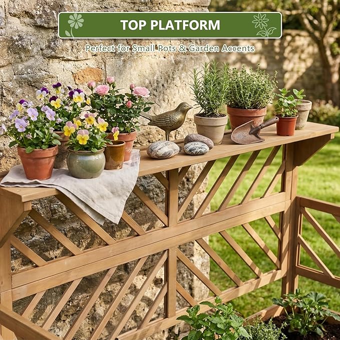 ketive 2 Tier Raised Garden Bed with Trellis & Top Shelf, Elevated Wooden Planter Box for Vegetables Flowers Herbs, Outdoor Vertical Gardening Planter for Backyard Patio Balcony