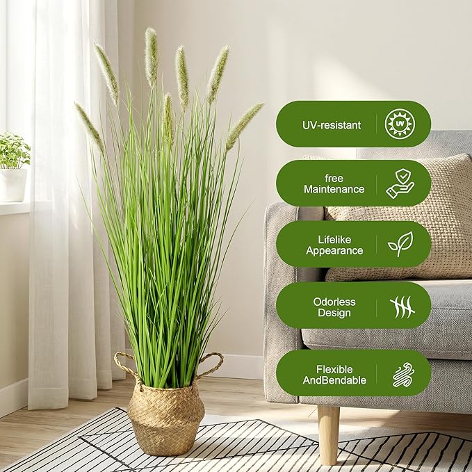 Artificial Cattail Reed Grass Plants Indoor ，Faux Cattail Grass Plant Artificial Plant Grass Outdoor,Fake Grass Tall Green Onions Fake Plant， Living Room Kitchen Office Decoration 47“1 Pcs