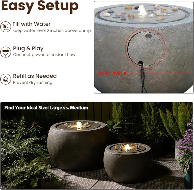 Tankana Garden Water Fountain Outdoor - Indoor Large Round Bubbler Water Feature with Lights & Pump and Concrete Effect for Patio Pool Pond Yard Home Decor Gray, 25 "L X 25" W X 17.5" H