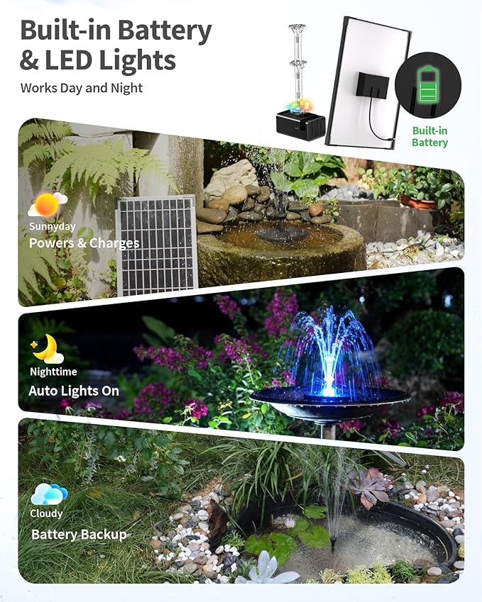 POPOSOAP 12W Solar Fountain Pump with 4200mAh Battery Backup, LED Colorful Lights & Remote Control, Solar Pond Pump for Bird Bath, Fish Tank, Outdoor Garden Water Features P112DL