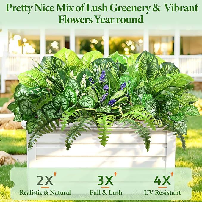 Livole 12 Pcs Artificial Plants Outdoor Faux Plants Fake Greenery Stems with Boston Fern Lavender Morning Glory UV Resistant Artificial Flowers for Outdoors Porch Patio Garden Spring Summer Home Decor