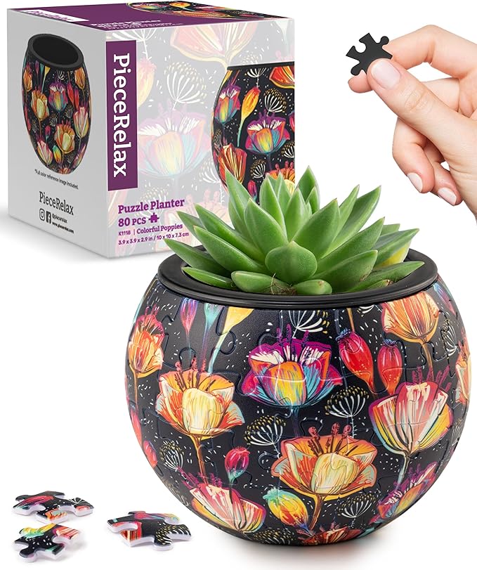 PieceRelax 3D Puzzle Planter 80 Pieces - Flower Pot - Colorful Poppies, for Mom, Home Decor Flower Pots for Indoor Cactus, Succulents Pots [K1118]