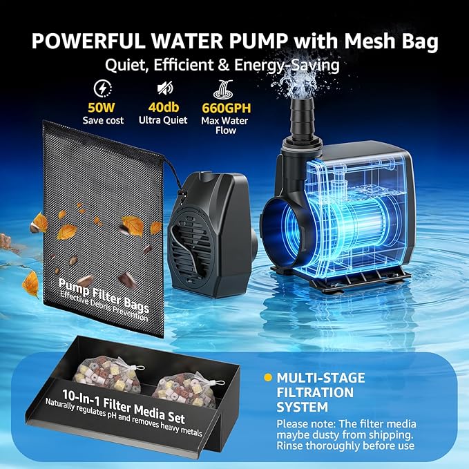 12" Pond Waterfall Kit, 660GPH Ultra Quiet Pump, 304 Stainless Steel Spillway, 9.8FT Freeze-Proof Tubing & 16.4FT Cord - Complete Water Feature Set for Garden, Koi Pond & Backyard Decor