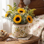7.7″ Large Vintage Ceramic Plant Pot with Sunflowers Pattern Warm Yellow Rustic Planter with Ice Crackle Glaze & Drainage Hole for Indoor Outdoor Plants Home Kitchen Office Decor Gift