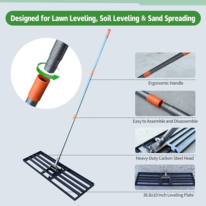 Lawn Leveling Rake 36x10 Inch, 6FT Heavy-Duty Carbon Steel Lawn Leveler – Yard Leveling Rake for Soil, Sand, Grass, Perfect for Lawn Repair, Pit Filling & Garden Maintenance