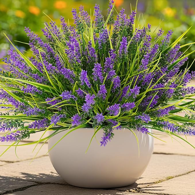 N&T NIETING Artificial Plants Outdoor, 20 Bundles Fake Monkey Grass with Spring Summer Flowers, Faux Plants for Garden Window Office Patio Hanging Planter Pathway Front Porch Home(Purple)