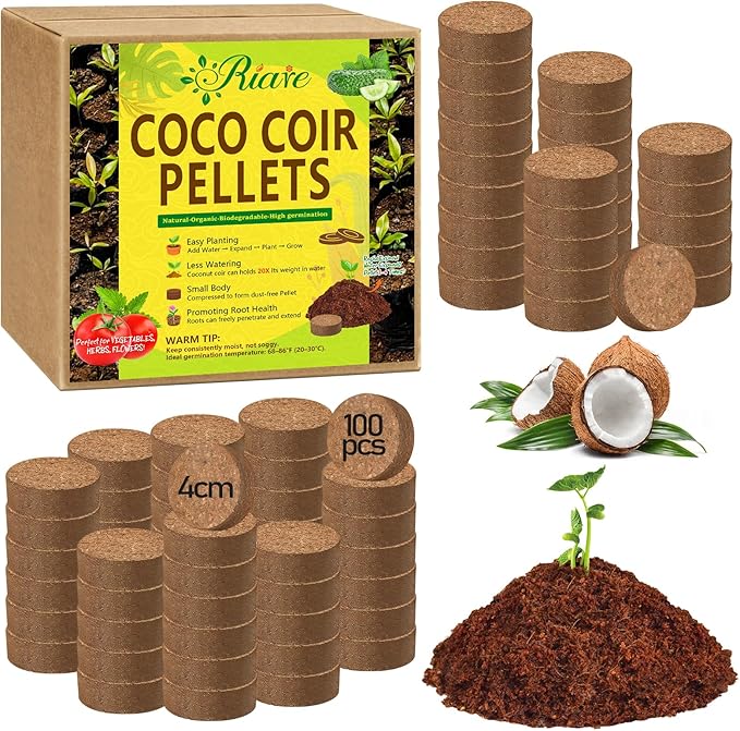 Riare 100 Pcs 40mm Organic Coco Coir Seed Starter Soil, Compressed Coconut Coir Potting Soil Mix for Seed Starting, Coconut Fiber Pellet for Planting Indoor & Outdoor Plants, Vegetables, Garden