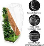 Jumping Spider Enclosure, Magnetic Door Acrylic Terrarium with Feeding Dish & Landscape Stick for Tarantula Snails Insects Reptiles Plants, Coffin Shape Tabletop Decor 4" x 4" x 8"