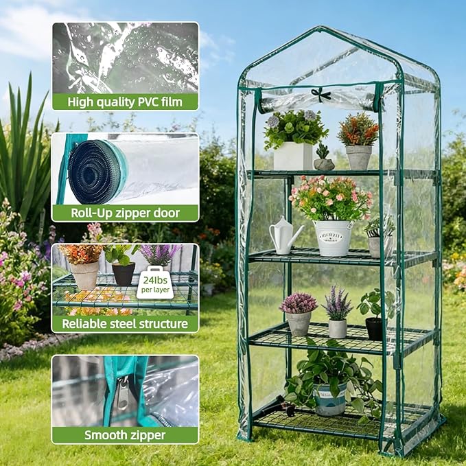 Mini Greenhouse for Indoor Outdoor, Small Plants Green House with 4 Tier Shelves, Portable Plastic Greenhouses with Transparent PVC Cover for Garden Backyard Patio Balcony Porch