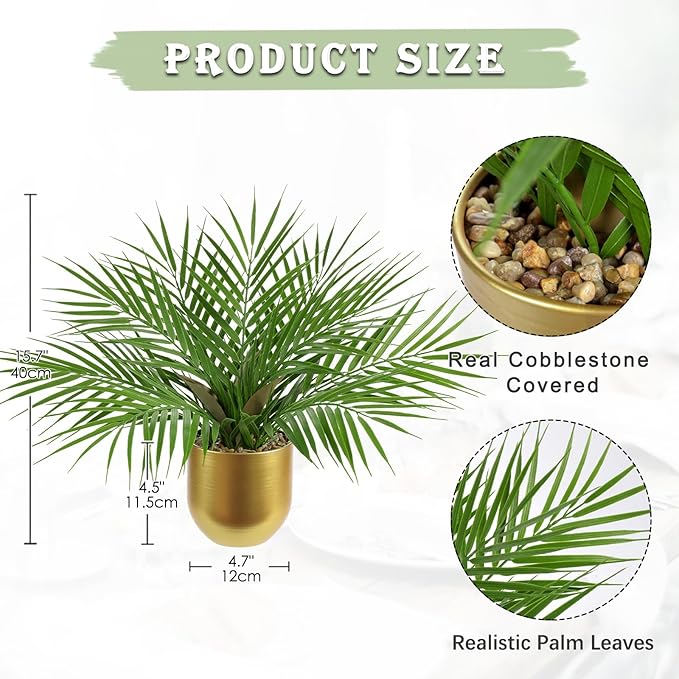Briful Fake Plant 15.7’’ Artificial Palm Plant in Gold Pot Real Touch Faux Tropical Palm Tree Houseplant for Home Indoor Living Room Tabletop Balcony Decorations
