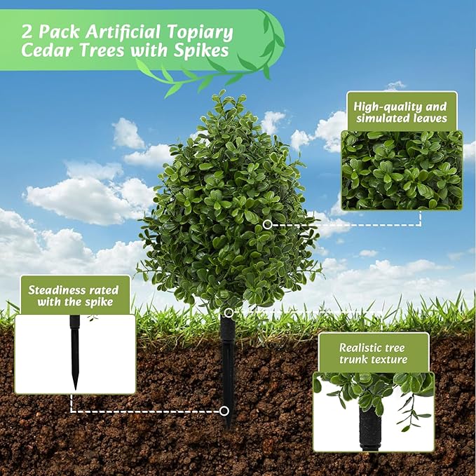 Bdor 22" Artificial Boxwood Topiary Ball Trees, Outdoor Artificial Plant Set of 2 with Ground Stakes, UV Resistant Simulated Evergreen Fake Shrub for Indoor/Outdoor Lawns, Garden Decor