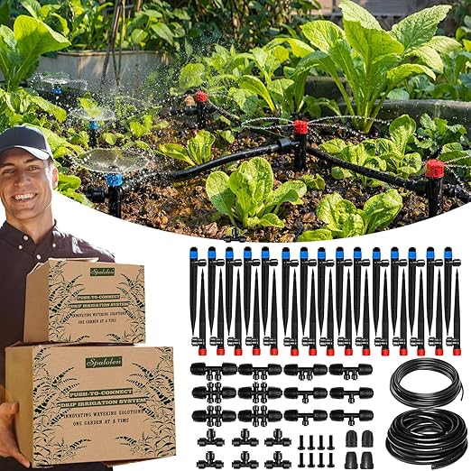 Push-to-Connect Drip Irrigation System Adjustable Irrigation System for Garden Raised Bed Automatic Plant Watering System Complete Drip Irrigation Kit with Drip Emitters, Tubing, Connectors