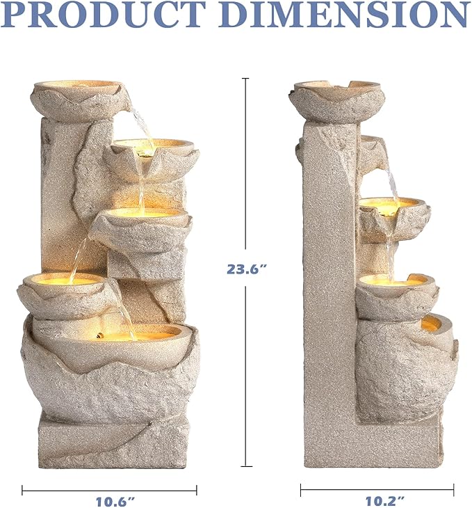 Grepatio Outdoor 5-Tiers Cascading Rock Water Fountain, Small Waterfall Fountain with 5 LED Lights, Beige Bowl Feature Fountains and Waterfalls for Garden or Patio, Yard, and Deck Decor
