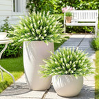 Artificial Plants for Outdoors, 10 Bundles Fake Monkey Grass with White Spring Flowers, Faux Plants Outdoor UV Resistant Realistic Greenery for Garden Window Patio Hanging Porch Home Decoration