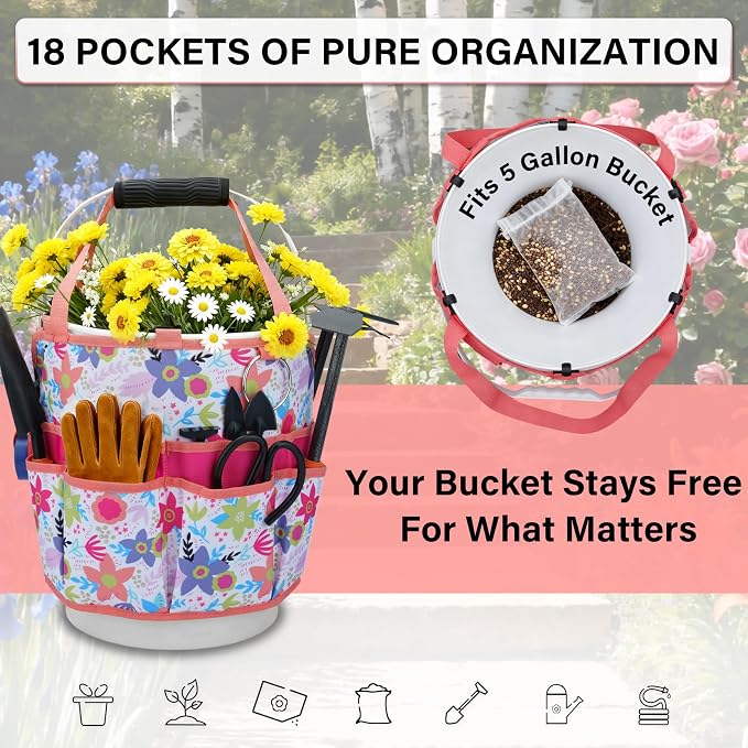 KUNN 5 Gallon Bucket Organizer 18-Pocket Bucket Tool Bag with Hangable Handle, Heavy-Duty Garden Tool Organizer Bag for Gardening Tools, Fits 3.5-5 Gal Buckets, Includes Comfort Grip Pad, Red