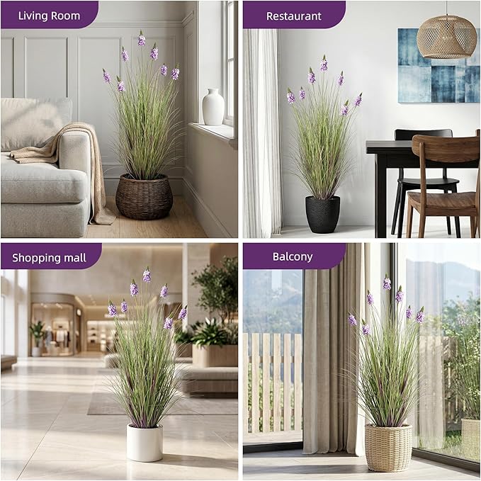 Artificial Plants Indoor Tall Grass Plants with Lilac Flower 47.2InTall Artificial Ornamental Grass Green Onions Outdoor Fake Plants with Black Pot Home Office Decorative (1 Pack,Purple)