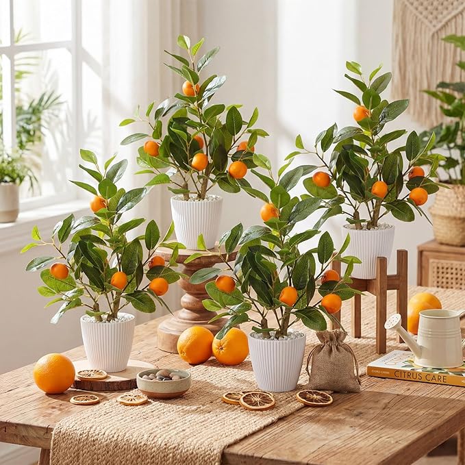 Suncalla 4 Pack Artificial Orange Potted Plants 19.7 Inches Fake Orange Tree Simulation Realistic Fruit Plant with Pot Faux Tree Indoor Decoration for Home Office Living Room Table Desk